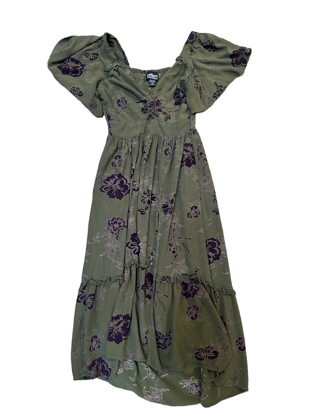 Angie Floral Twist Front Cutout V-Neck Flutter Short Sleeve Midi Dress M Boho - Picture 2 of 7
